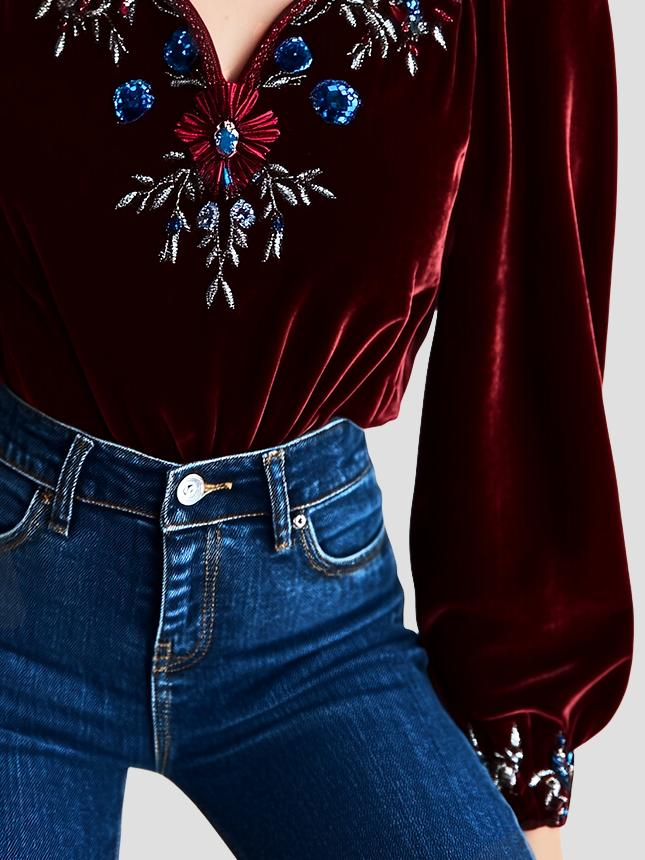 Retro V-neck Floral Embroidery Puffed Sleeve Velvet Blouse