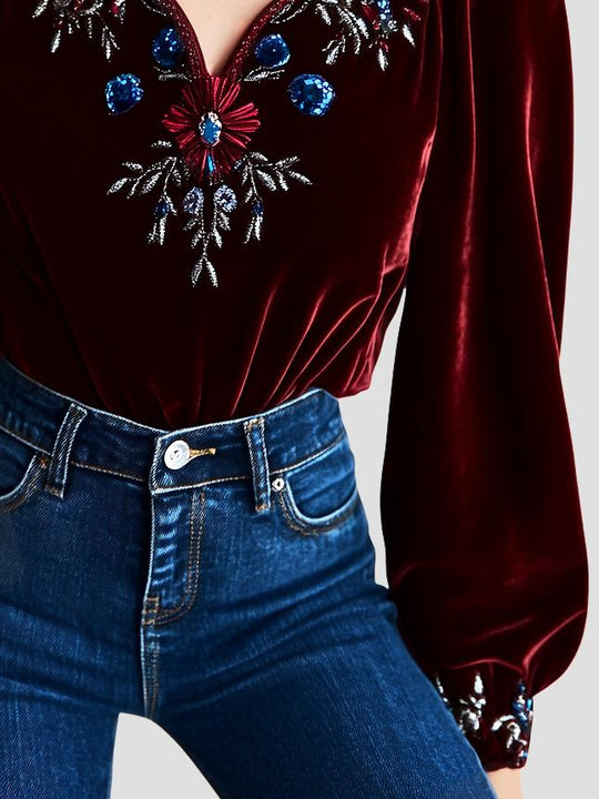 Retro V-neck Floral Embroidery Puffed Sleeve Velvet Blouse