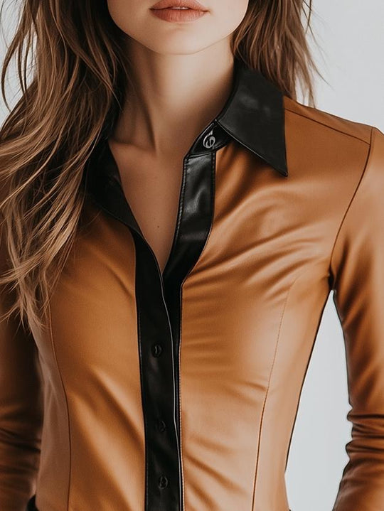 Chic Lapel Constract Trim Single-breasted Leather Shirt