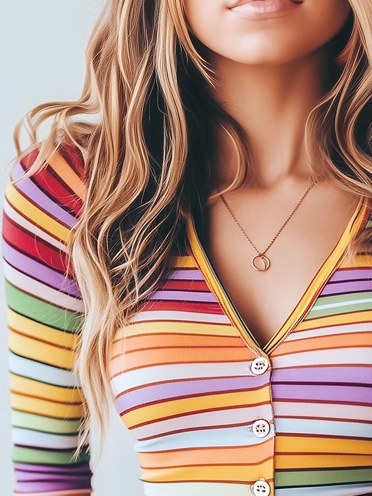 Stylish Single-breasted Rainbow Stripe Slim Fit Top