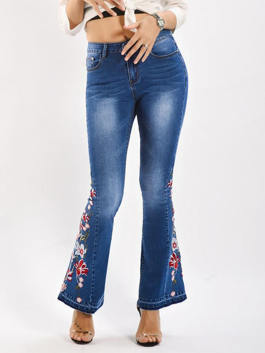 Handmade Embroidered Flower Slim-fit Flare Jeans