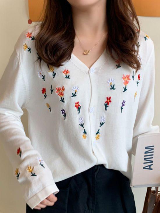 Stylish V-neck Floral Embroidered Knit Cardigan