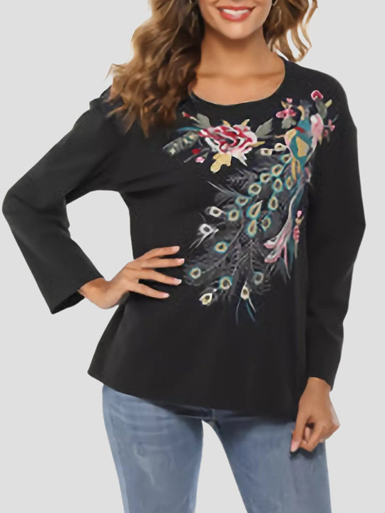 Elegant Peacock and Floral Embroidered T-shirt