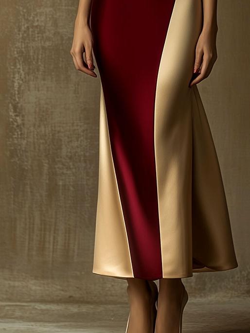 Stylish Asymmetrical Neck Color Patchwork Satin Dress