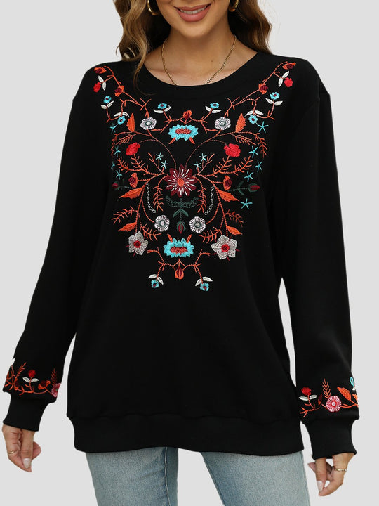 Elegant Floral Embroidered Ribbed Loose-Fitting Sweatshirt