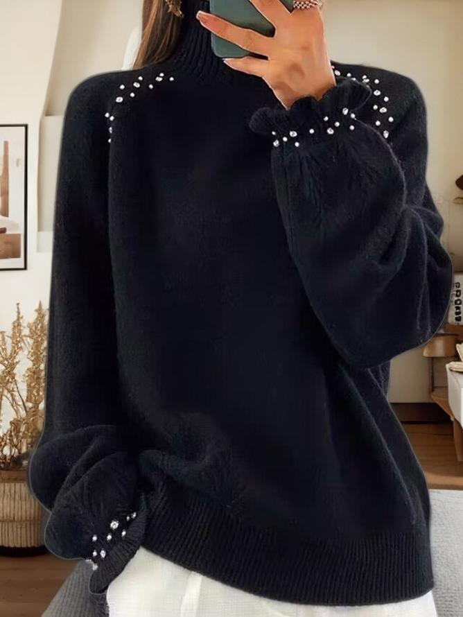 Elegant Turtle-neck Embellished Jacquard Knitted Pullover Sweater