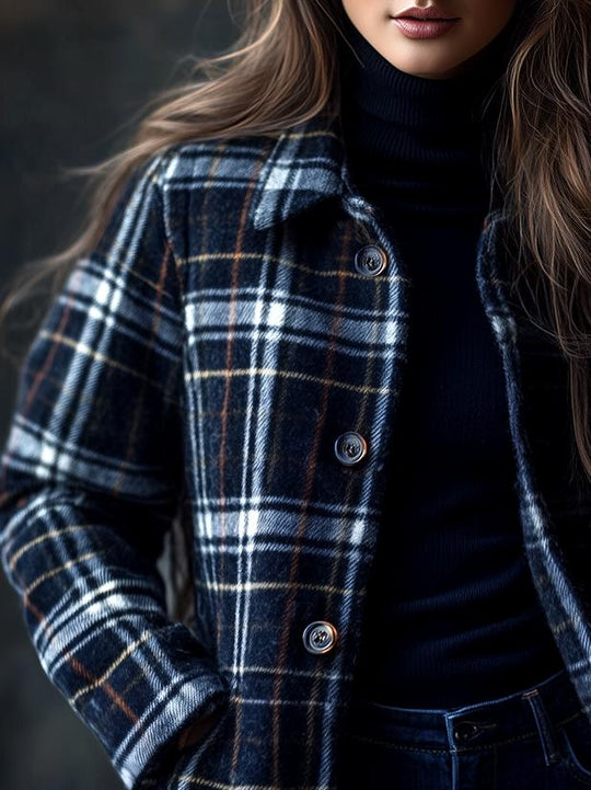 Women's Everyday Plaid Pattern Button Down Woolen Coat