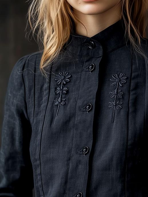 Simple Floral Embroidery Cotton and Linen Jacket