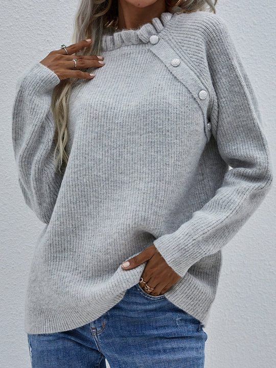 Elegant Ruffled Neck Knit Ribbed Texture Pullover Sweater