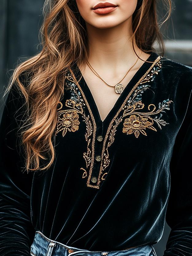 Chic V-neck Golden Embroidery Long Sleeves Velvet Blouse