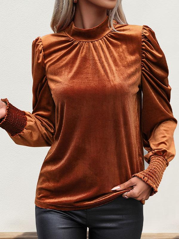 Stylish Turtleneck and Tie-neck Pleated Velvet Top