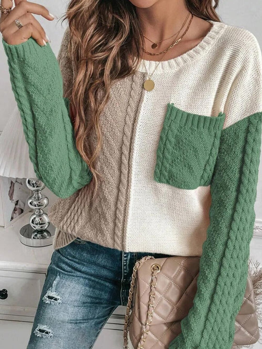 Stylish Color-Block Cable Knit Textured Pocket Sweater