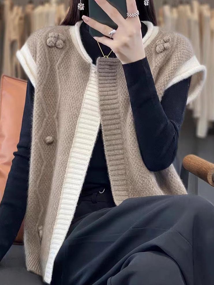 Round Neck Color-Block Sleeveless Cashmere Cardigan