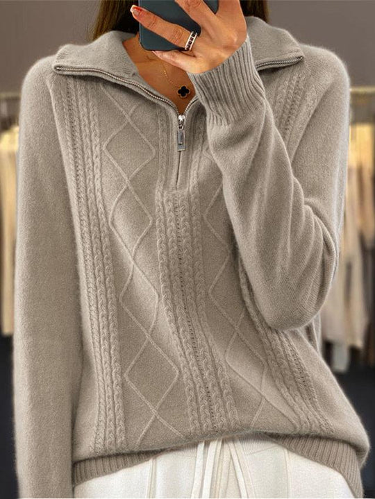 Stylish Zip-up Half-placket Jacquard Knit Sweater