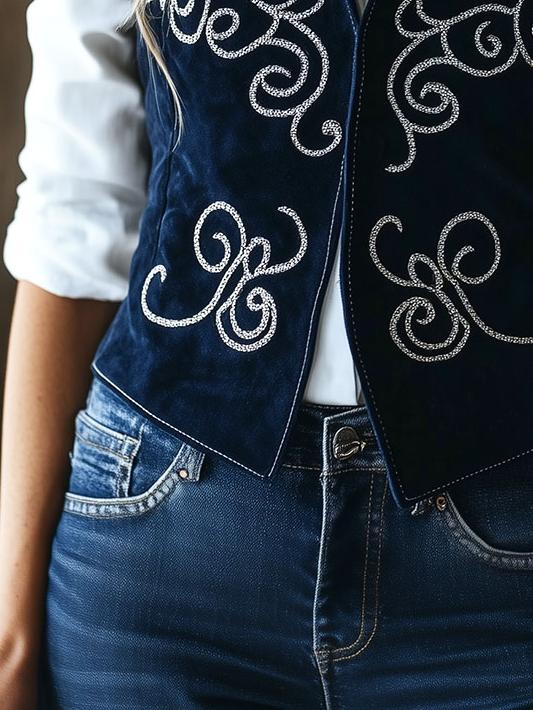 Women Silver Baroque Embroidery Suede Waistcoat