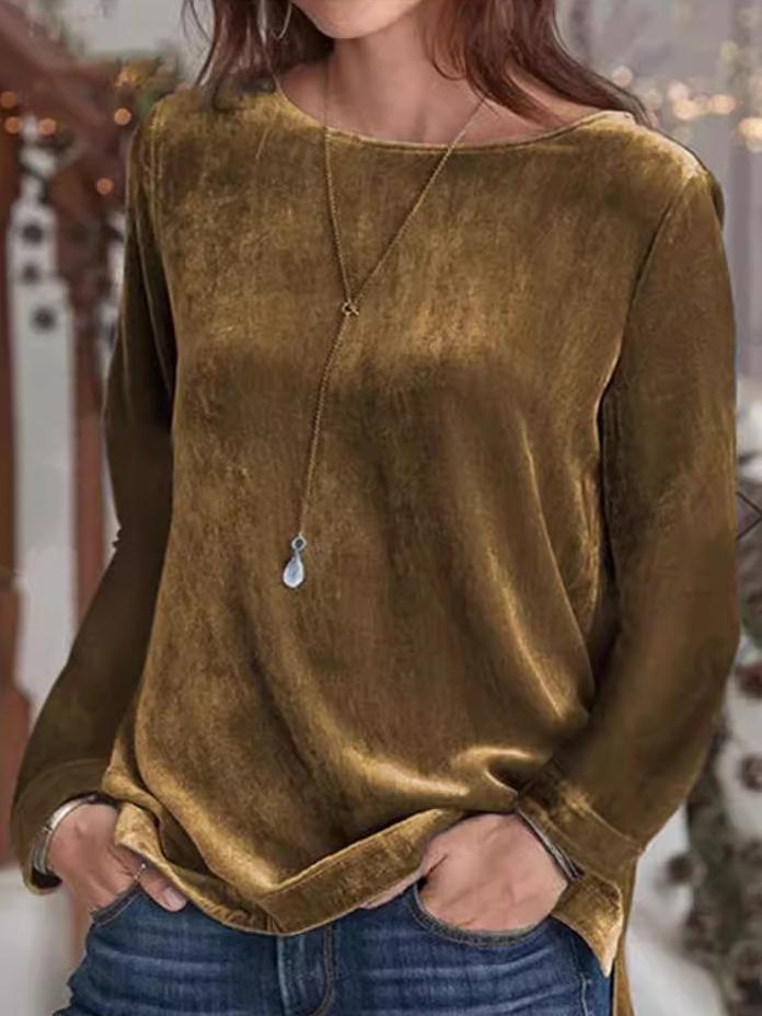 Women's Round Neck Solid Color Casual Velvet Top