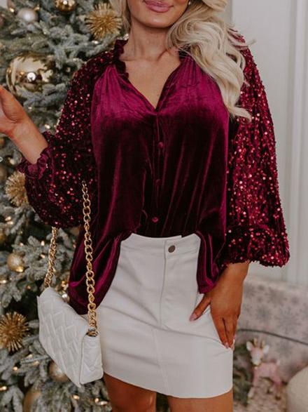 Stylish V-neck Sequine Sleeves Patchwork Velvet Top