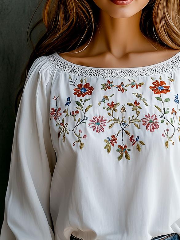 Boho Round Neck Lace Trim Embroidery Blouse