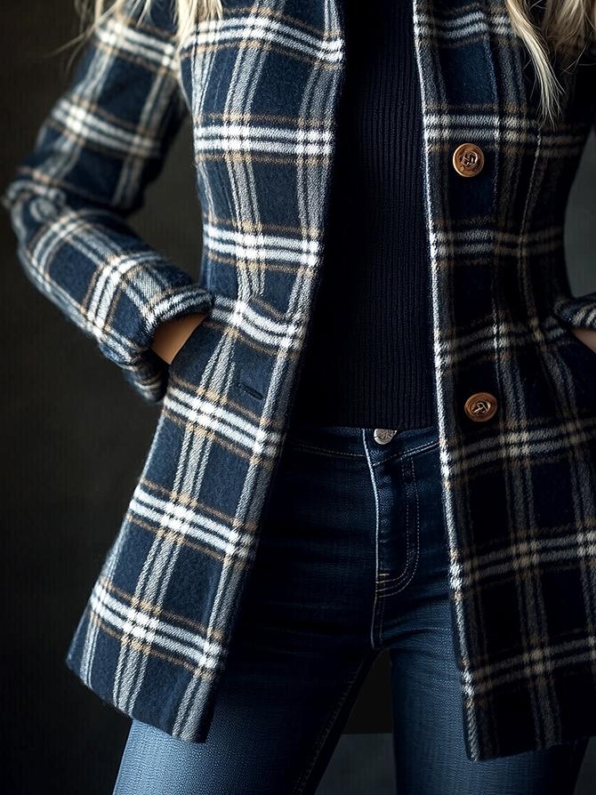 Chic Lapel Plaid Pattern Daily Woolen Trench Coat