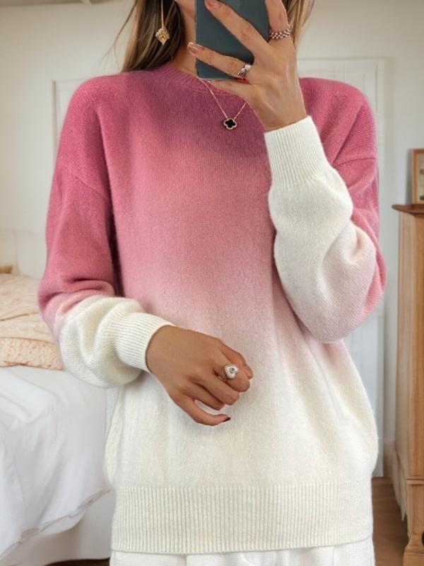 Stylish Crew Neck Color Gradient Pullover Sweater