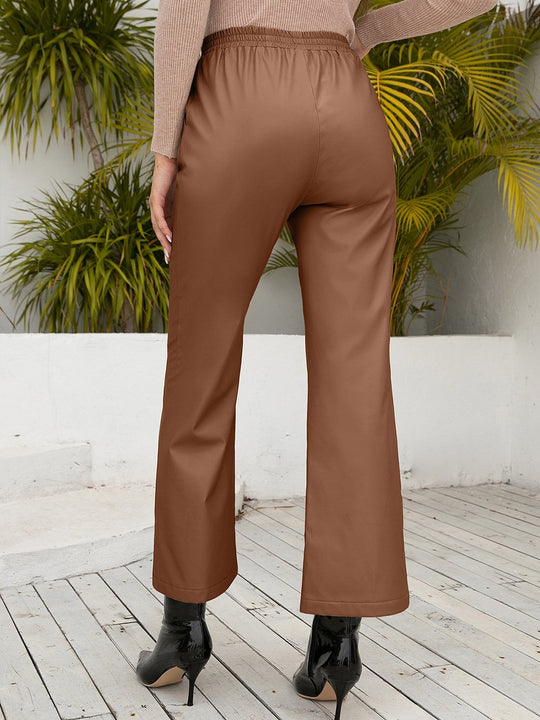 Chic Drawstring High-waisted Loose Straight-leg Leather Pants