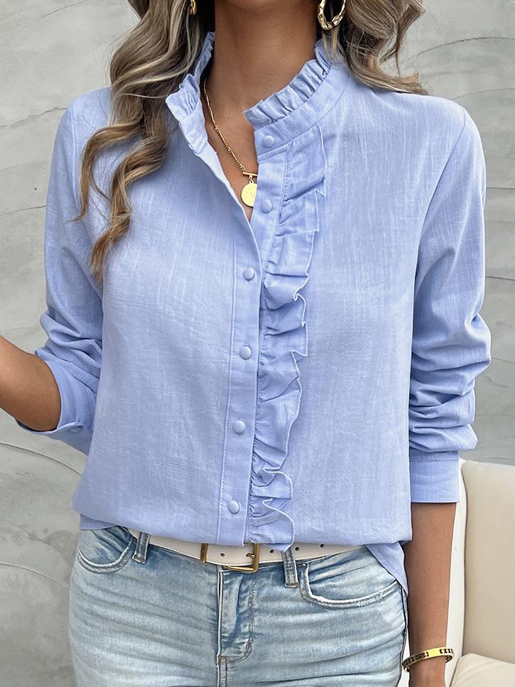 Elegant Ruffle Trim Stand Collar Long Sleeves Shirt