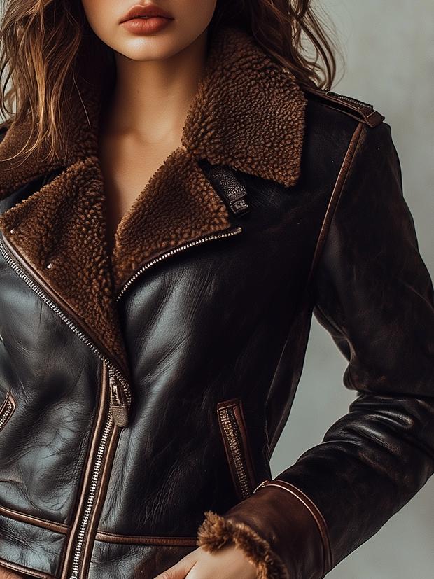 Retro Lamb Wool Linned Zipper Leather Jacket