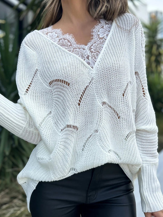 Lace-Trimmed Mid-Length White Sweater