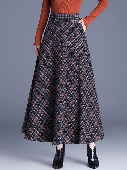 Elegant Elastic Waist Color-block Grid Wool Blend Long Skirt