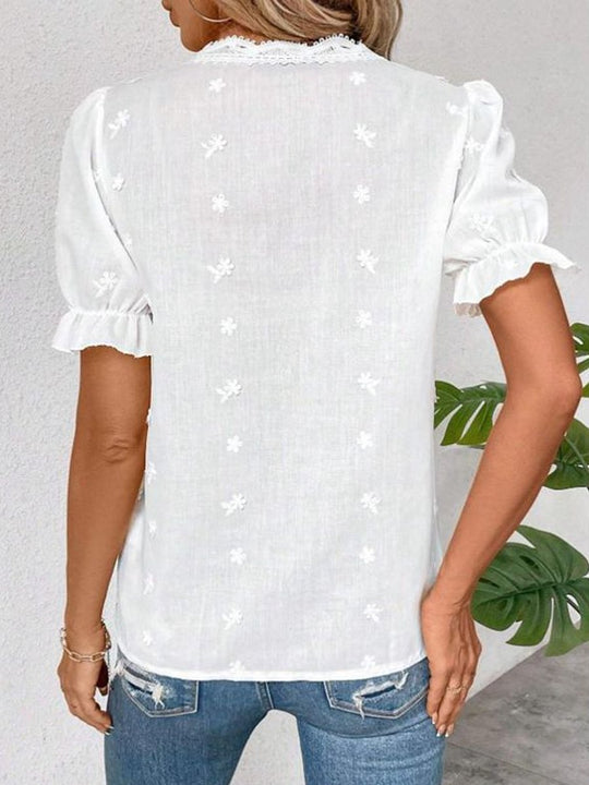 Hollow Embroidered Ruffle Sleeve Short Sleeve T-Shirt