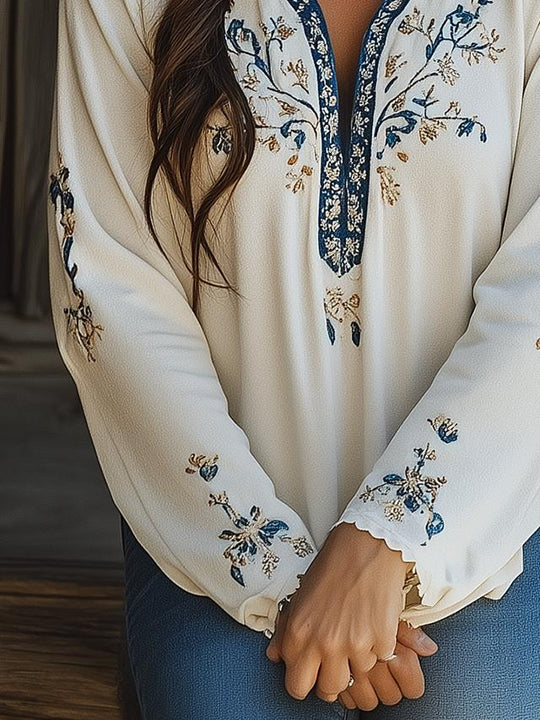 Ethnic Lace Trim Floral Embroidery Velvet Top