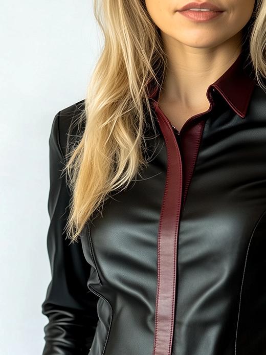 Stylish Constract Trim Button Down Leather Shirt