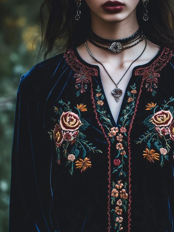 Retro V-neck Flower Embroidery Velvet Pullover Blouse