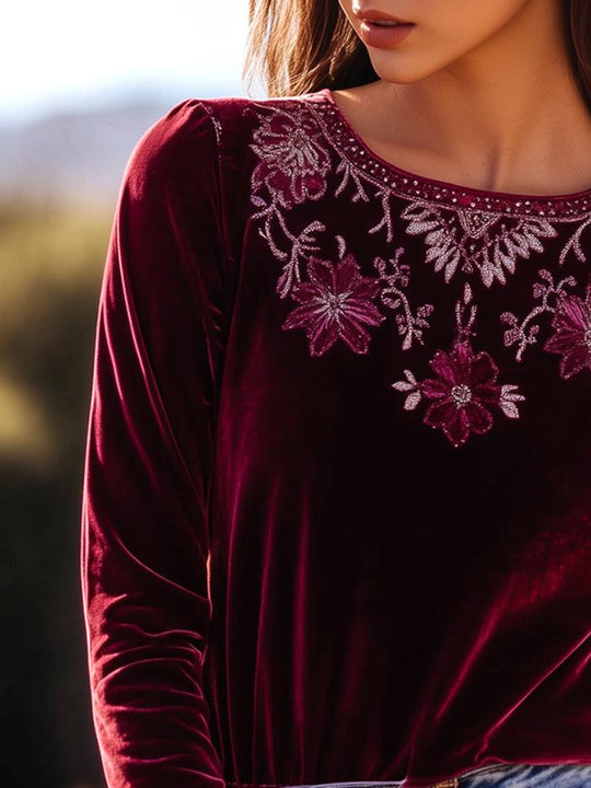 Chic Boho Round Neck Flower Embroidery Velvet Top