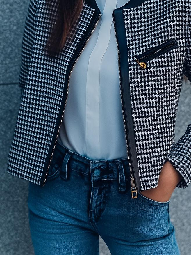 Chic Round Neck Houndstooth Pattern Zipper Jacket