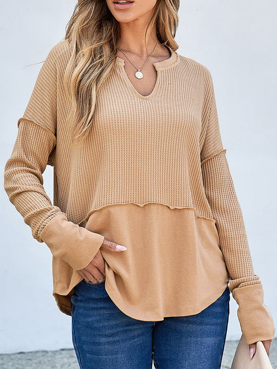 Casual V-neck Waffle Patchwork Loose-fitting Sweatshirt