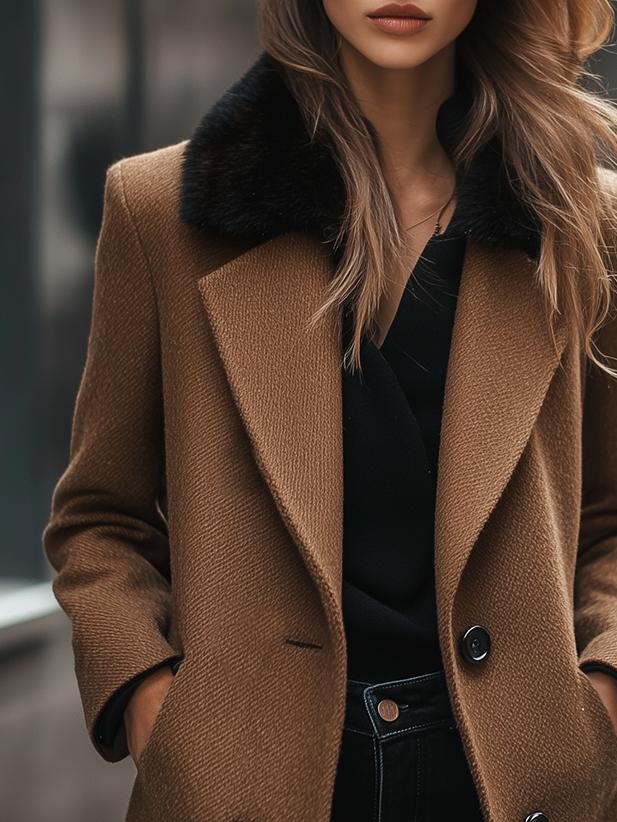 Chic Fur Collar Herringbone Texture Woolen Coat