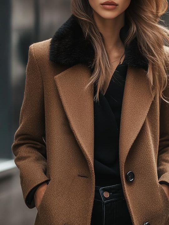 Chic Fur Collar Herringbone Texture Woolen Coat