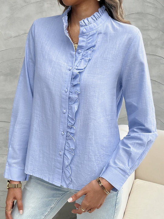 Elegant Ruffle Trim Stand Collar Long Sleeves Shirt