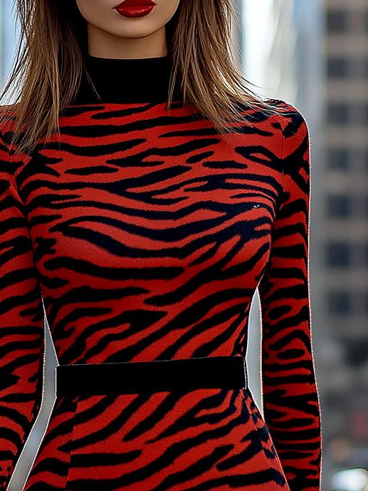 Retro Tiger-print Pattern Long Sleeve Bodycon Dress