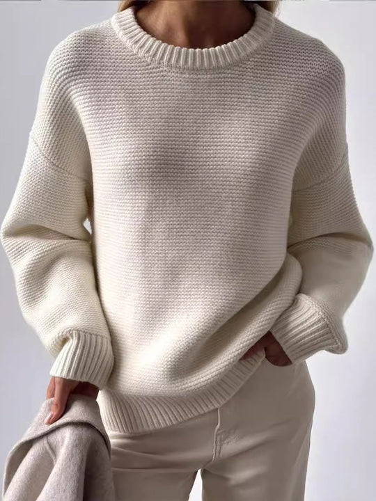 Women Casual Round Neck Solid Color Knited Sweater