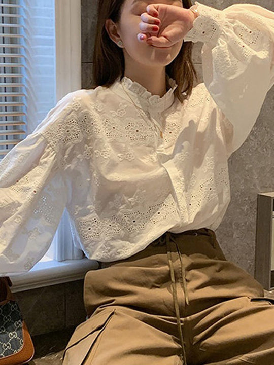 Stand Collar Long Sleeve White Embroidered Blouse