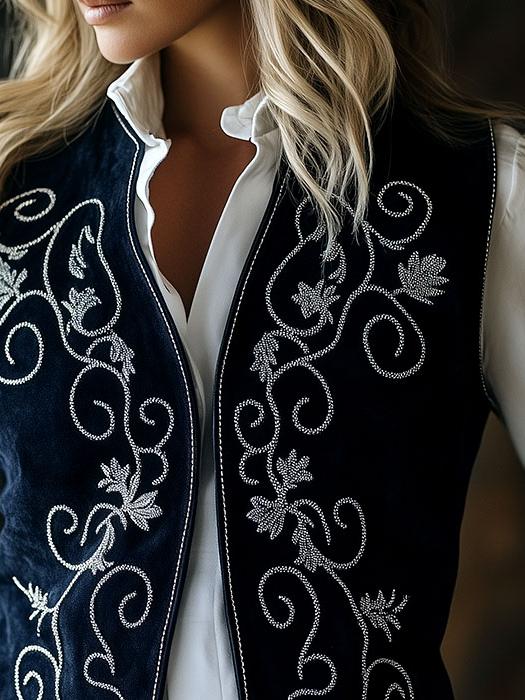 Retro Silver Vines Embroidery Suede Waistcoat