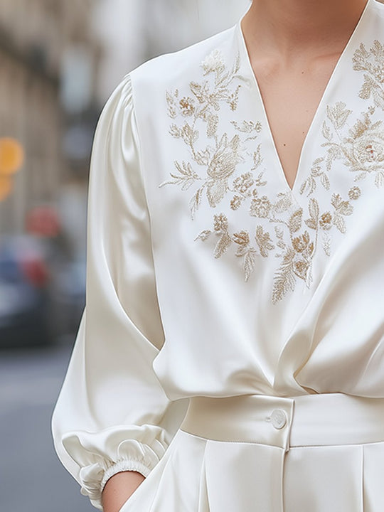 Elegance Redefined: Ivory Embroidered Satin Blouse