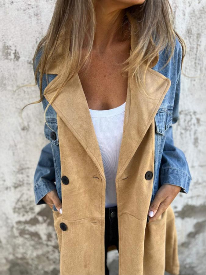 Stylish Suit Collar Denim Patchwork Suede Trench Coat