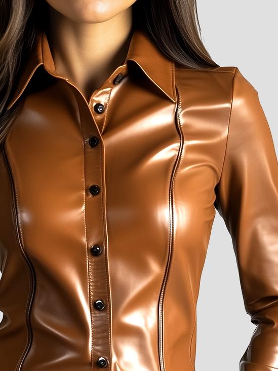 Simple Lapel Solid Color Button Down Daily Leather Shirt