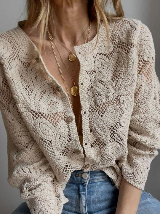 Elegant Hollow-out Button Down Crochet Blouse