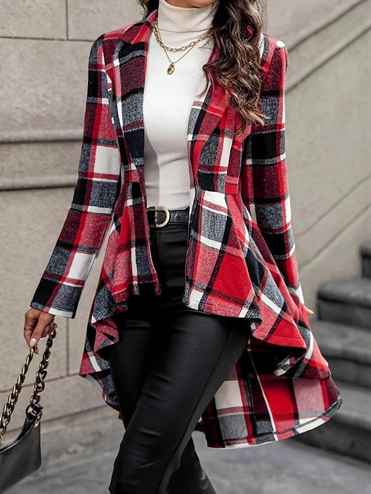 Stylish Plaid Pattern Short-Front Long-Back Woolen Jacket