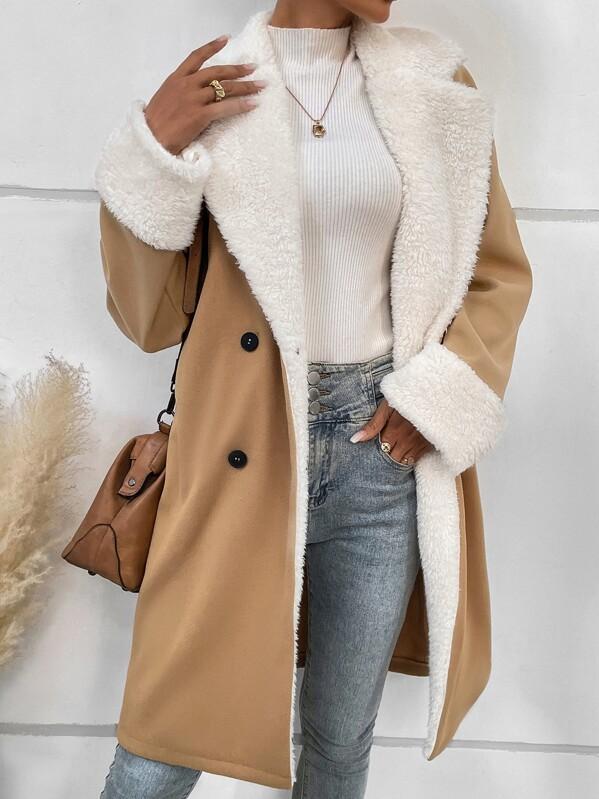 Stylish Fur Trim Button Down Woolen Trench Coat