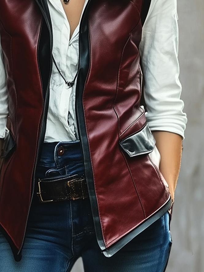 Chic Lapel Constract Trim Pockets Leather Waistcoat